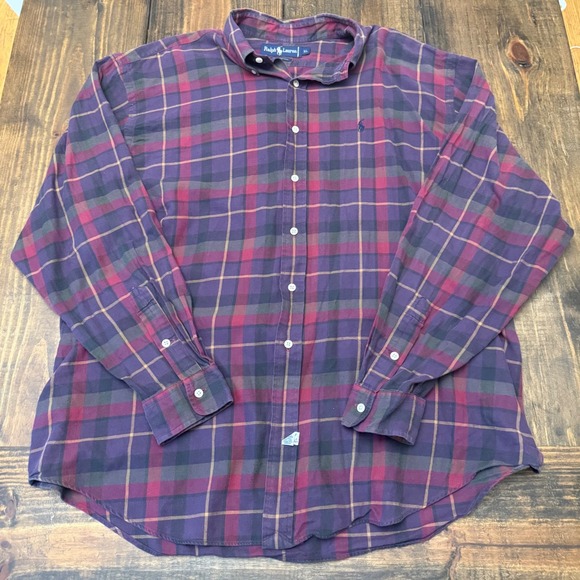 Polo Ralph Lauren Mens XL Purple Plaid Long Sleeve Button‎ Down Shirt, vintage - Picture 2 of 5